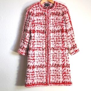 NWOT Amen Wardy Aspen Metallic Tweed Mid Length Jacket Pink Red Size FR36